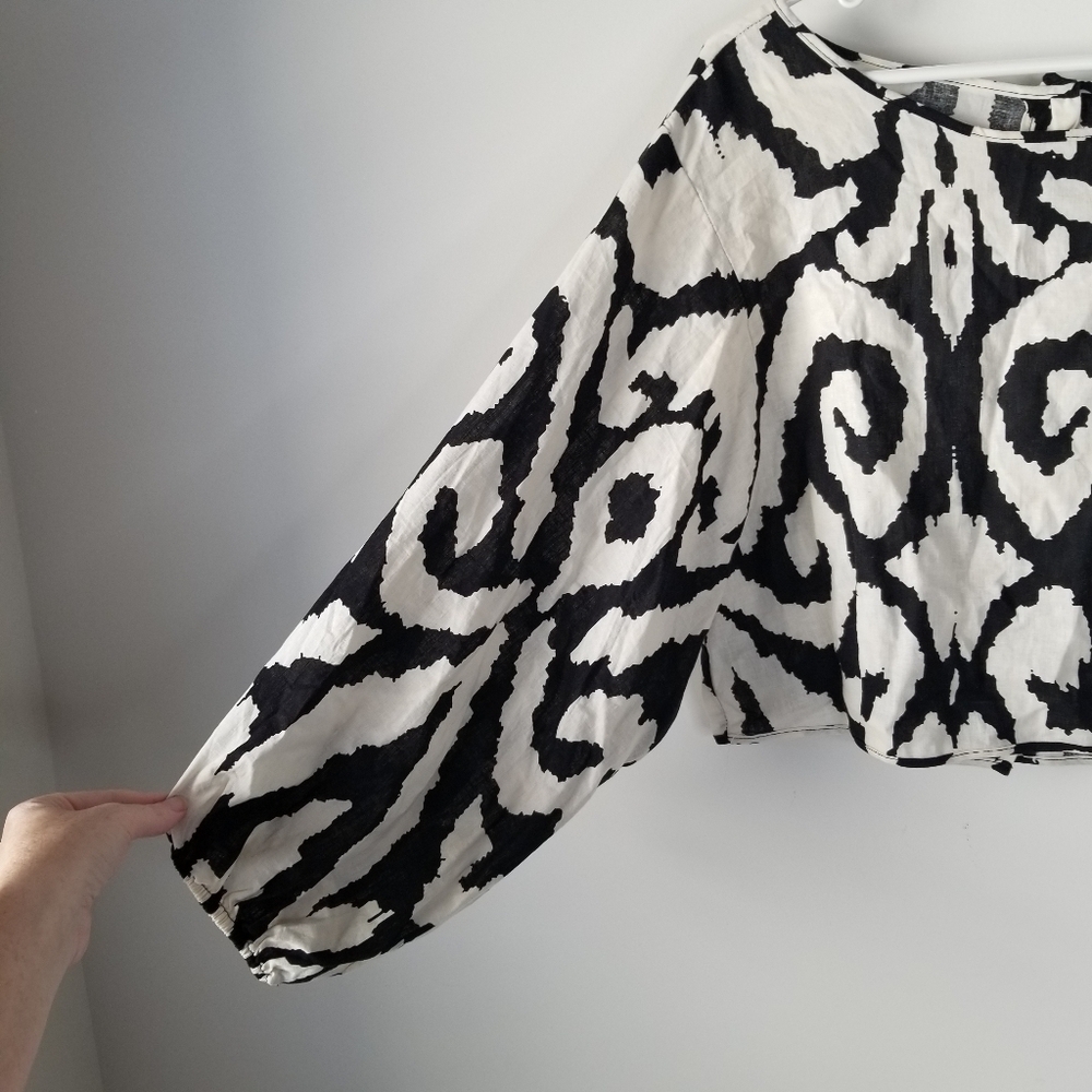 Rachel Zoe Black/Cream Geometric Long Balloon Sleeve Linen Blend Blouse Size L - Picture 10 of 11